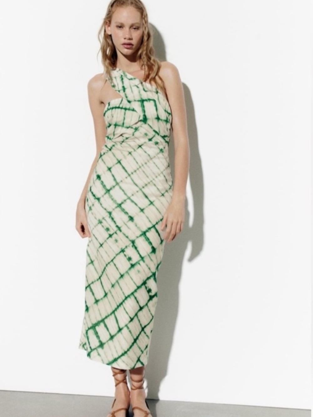 Zara Green and Cream One-Shoulder Tie-Dye Midi Dress